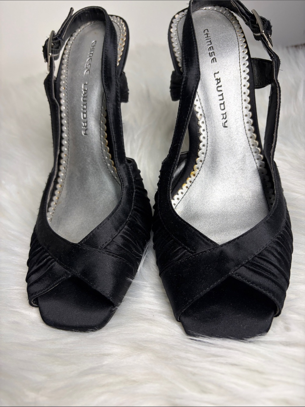 Chinese Laundry Black Satin Peep Toe Slingback Heels Size 8